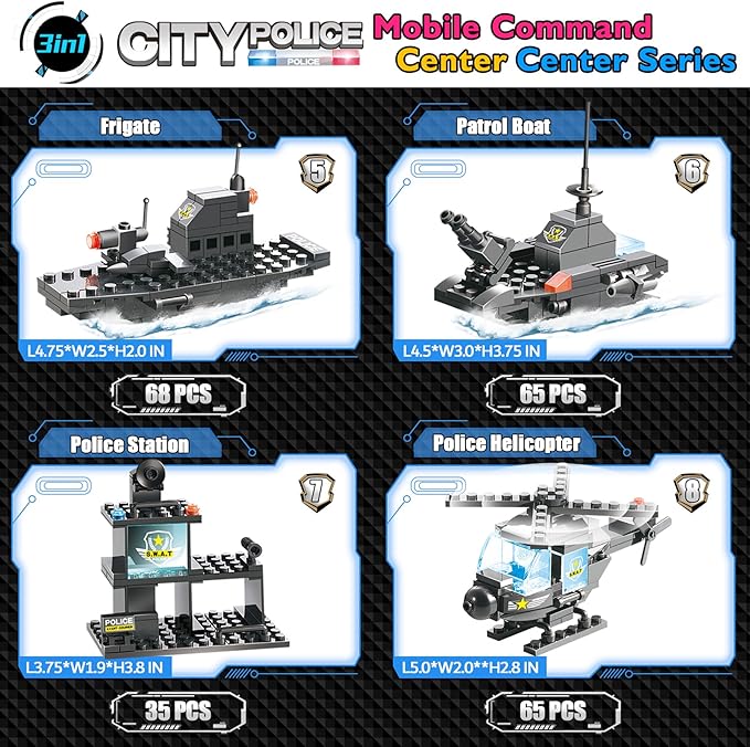 1110 PCS SWAT City Police Set Cop Car Building Set with Helicopter, Boat, Police Station, Mobile Command Center Truck Toys in 25 Different Models, Gifts for 6 Plus Year Old Kids Boys