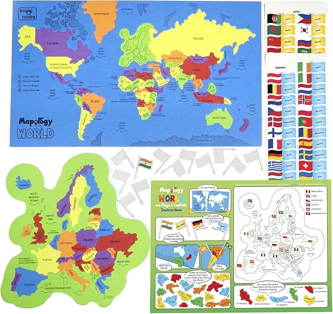 Imagimake Mapology USA & World Map Puzzle with Flags, Capitals, Stickers | Educational Toys for Ages 5-7 | Jigsaw Puzzles for Kids Ages 8-10 | Geography Toys | Easter Gifts for 6 Year Old Girl & Boy