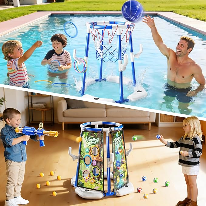Pool Basketball Hoop, 4-in-1 Floating Pool Toys Ring Game with 4 Balls, Air Pump Launcher and Sticky Balls, Outdoor Swimming Pool Basketball Game Water Toy Family Party for Kids Age 3-12