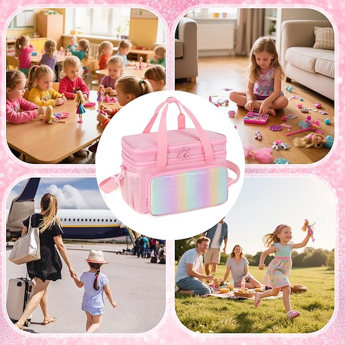 GRAOSO Carrying Case Compatible with Barbie Doll Clothes, Doll Accessories Storage Organizer, Double Layer Design, with Handle and Detachable Shoulder Strap, Case only (Pink)