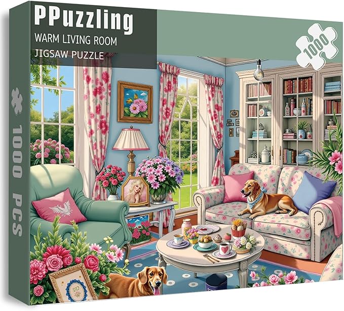 Living Room Puzzle 1000 Pieces for Adults, Flower Dog Jigsaw Puzzle, Challenging Floral Room Puzzle as Wall Decor