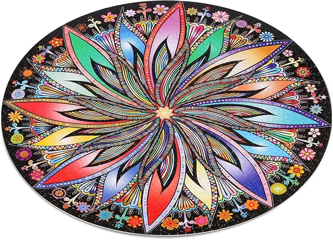 Bgraamiens Puzzle-Blooming Flowers-1000 Pieces Creative Geometric Round Blue Board Colorful Mandala Jigsaw Puzzle