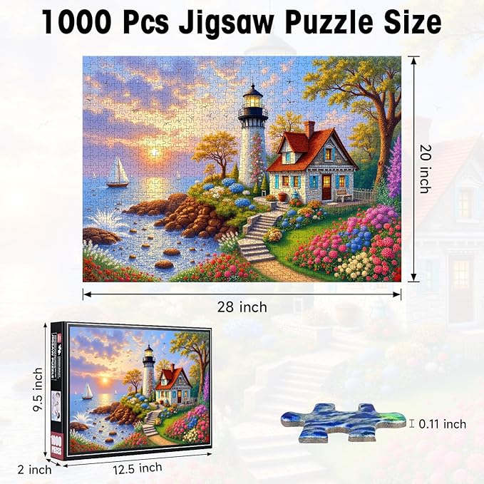 Scenic Puzzles for Adults 1000 Pieces, Lighthouse Ocean Sunset Jigsaw with Sailboat & Cottage, Fall Seaside Puzzles with Letters on Back, 28x20 Inch Wall Art, Family Game, Easter