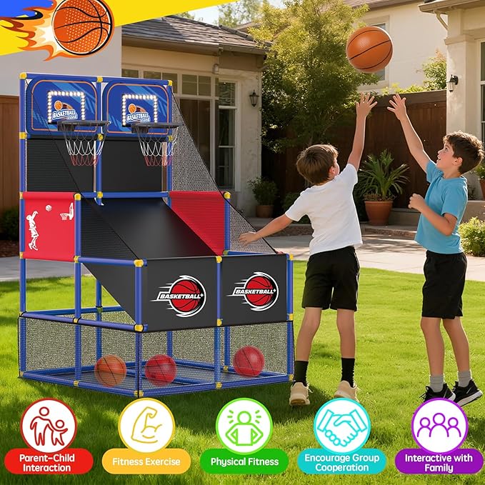 Upgrade Dual Basketball Arcade Game Kids Electronic Basketball Hoop with Electronic Scoreboard LED Light 6 Balls Indoor Outdoor Sports Toys Gift for Boys Girls Ages 3-8 (Blue)