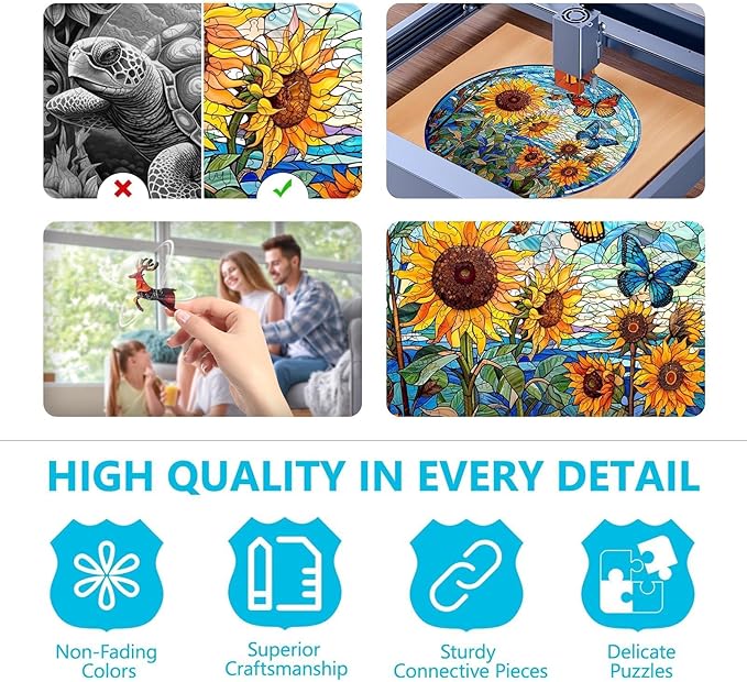 Wooden Puzzles for Adults - Glass Sunflower Wood Puzzle 600 Pieces, Unique Shaped Wooden Jigsaw Puzzles for Adults, Wood Puzzles Adult, Perfect for Birthday Gift, Family Puzzle, 17.3 * 17.3in, XL