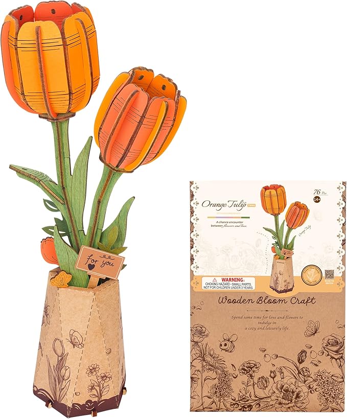ROBOTIME 3D Puzzle Orange Tulip TW081, DIY Wooden Flower Craft, Artificial Flowers Model Kit to Assemble for Adults, Home Decoration and Valentine's Day Gift Set