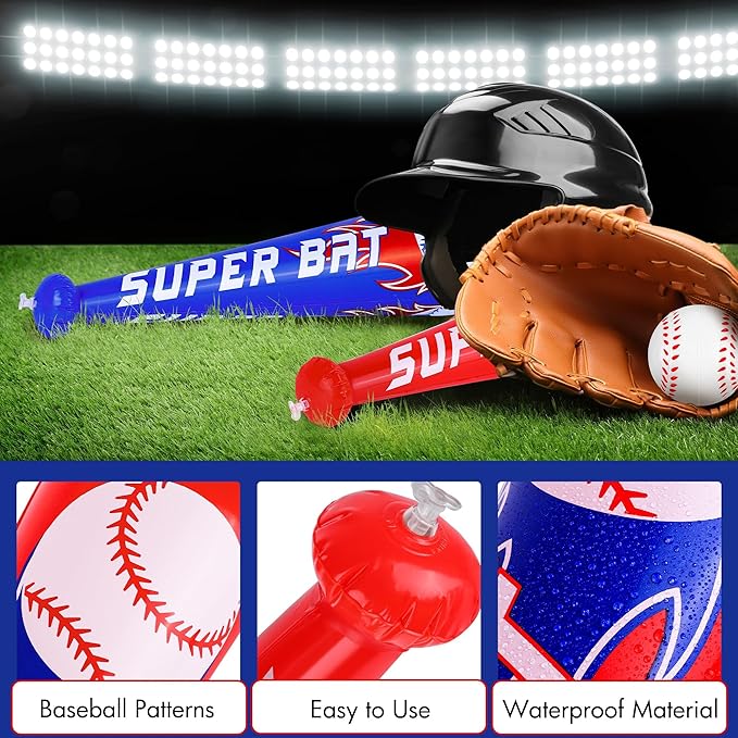 Fovths 8 Sets Inflatable Baseball Bats and Baseballs Set 22 Inch Inflate Baseballs with Mini Foam Sports Stress Ball for Sports Theme Birthday Party Favors