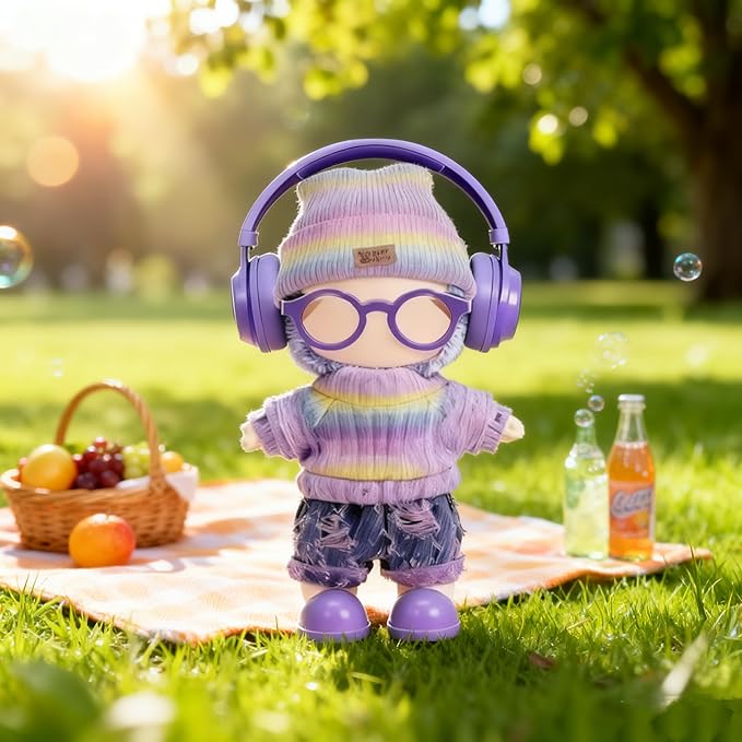 Clothes for LABUBU 17cm Doll (NO Doll) – 6-Piece Set, Hat + Sweaters + Skirt + Headphones + Glasses + Shoes, Cute and Premium Dolls Outfit Accessories (Rainbow Style)