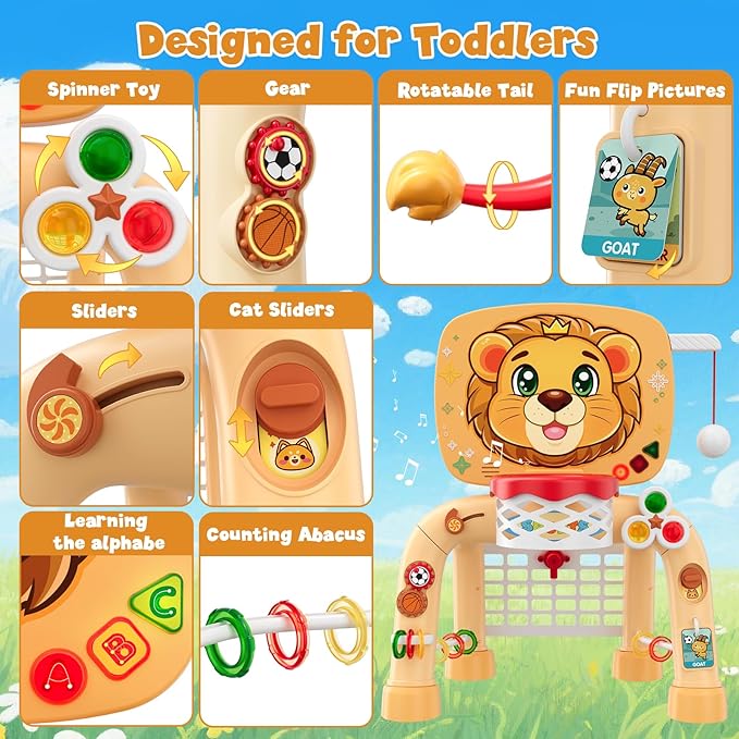Toddler Basketball Hoop Tball Set & Soccer Goal - Lion Sport Toys for 1 Year Old Boy with Learning Activities (Abacus/Alphabet/Animals Sounds) Christmas Birthday Gifts for Baby Boy Age 1 2 3