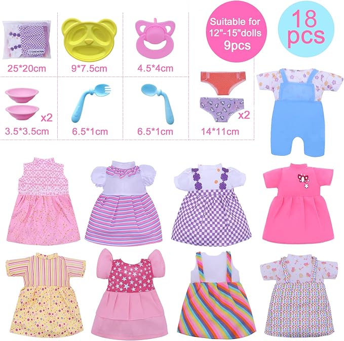 Baby Doll Clothes - Fits 12'' 13'' 14'' 15'' Girl Baby Dolls Clothes 360°Sewing Dresses for with Dolls Diapers, Nipple, and Doll Accessories Pack of 18 Bag Set