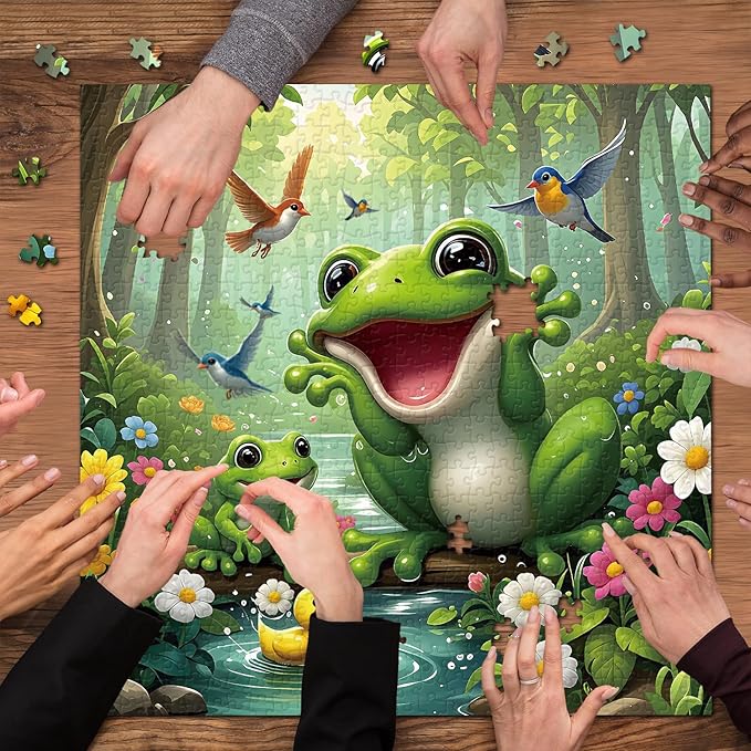 Cute Forest Frog Puzzles for Adults 1000 Pieces, Nature Animal Scene Jigsaw Puzzle with Birds, Flowers, Ducks, Challenging Colorful Theme Puzzle as Home Wall Art Decor