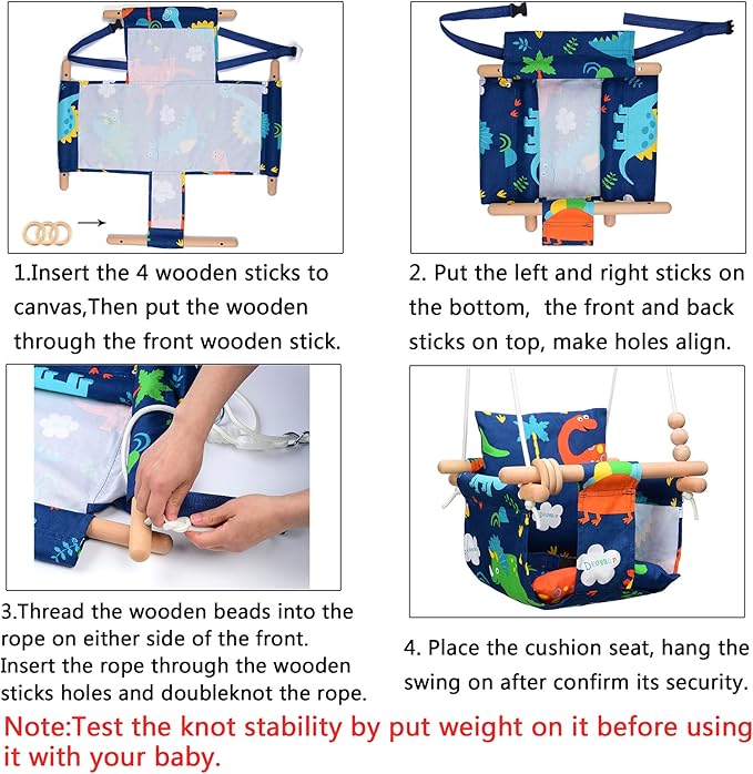 Baby Swing Outdoor for Infants to Toddler Indoor Portable Baby Swings Set with Cotton Cushion Seat Baby Hammock Swing Chair Canvas Fabric Porch Swing Outside Hanging Baby Tree Swing(Dinosaur Print)