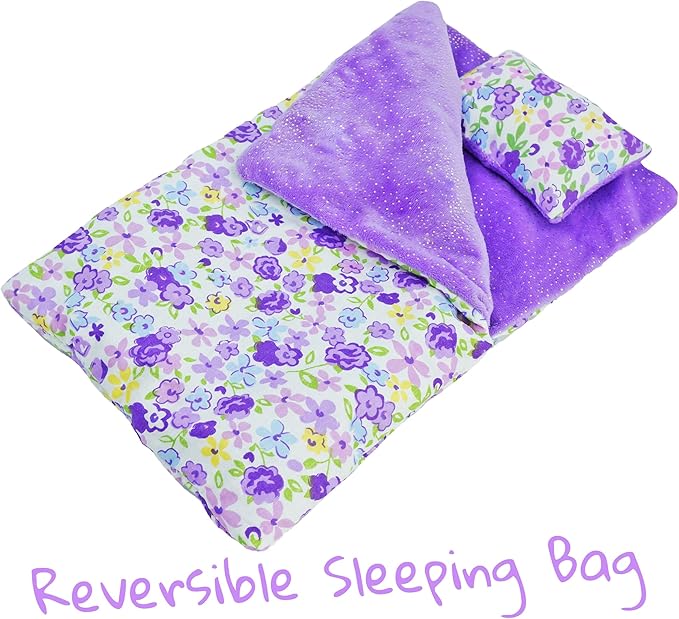 June Garden Personalized Reversible Doll Sleeping Bag - 2-Piece Playset Doll Accessory with Pillow - Fits 18" American Girl Dolls - Gifts for Girls 2 3 4 Year Old