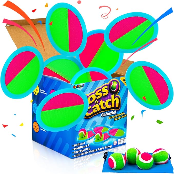 Ayeboovi Toss and Catch Ball Set 8 Paddles 4 Balls Outdoor Beach Pool Toys for 3 4 5 6 7 8 Year Old Boys Girls Birthday Gifts Easter Basket Stuffers Outside Yard Games for Kids and Family Activities