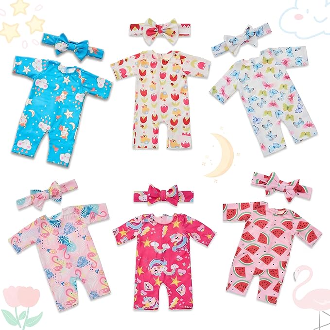 6 Set 18In Reborn Baby Doll Clothes Accessories Romper Suit and Bow Headband for Newborn Baby Doll Girl Kids Gift