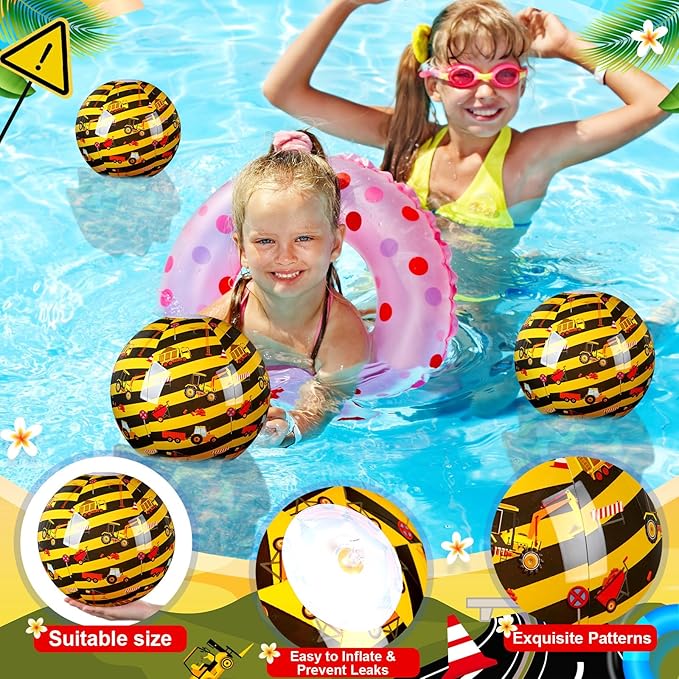 Leyndo 12 Pack Construction Car Themed Beach Ball for Kids 7.87" Bulk for Summer Pool and Beach Game Gifts and Birthday Party Supplies and End of The Year Class Party Decoration Favors