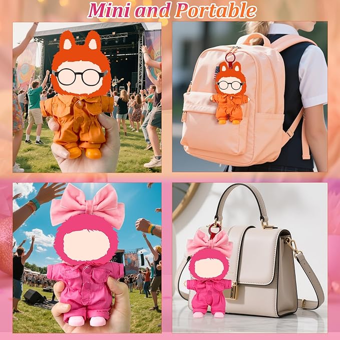 2 Set 17cm Doll Clothes Accessories,Doll Outfits for 17CM/6.7inch- Pink Butterfly hairbow+Glasses+Pink & Orange Overalls+Shoes