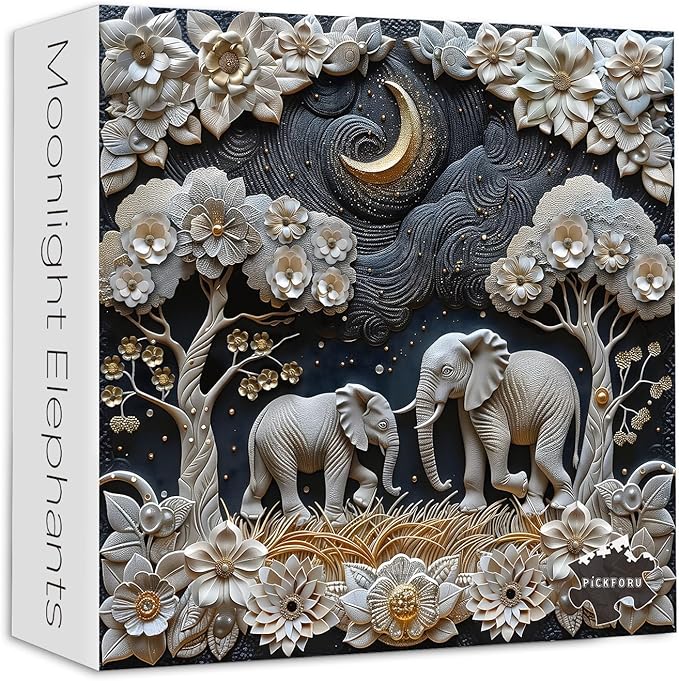 Elephants 1000 Piece Puzzle for Adults, PICKFORU Plant Floral Jigsaw Puzzles Night Sky, Hard Difficult Vintage Animals Theme as House Decor