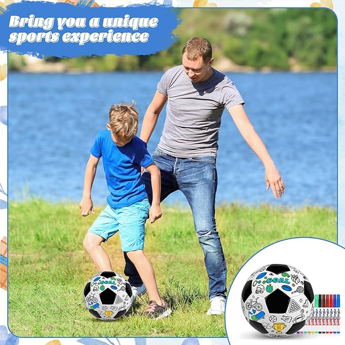 Size 5 Color Your Own Soccer Ball Black DIY Custom Craft Kit with Pump 12 Markers Personalized Youth Toddler Training Paint Your Own Toy Creative Gift for Kids (Black Soccer Ball, 5)
