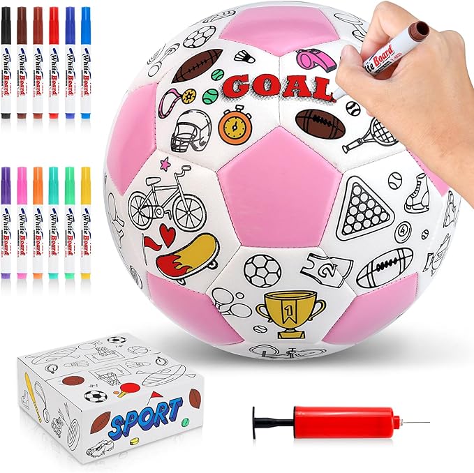 Size 4 Color Your Own Soccer Ball Pink DIY Custom Craft Kit with Pump 12 Markers Personalized Youth Toddler Training Paint Your Own Toy Creative Gift for Kids (Pink Soccer Ball, 4)