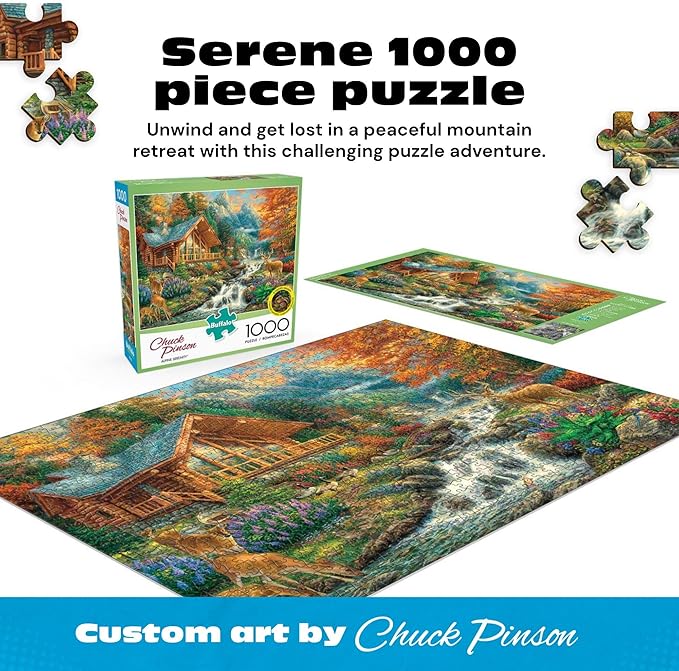 Buffalo Games - Alpine Serenity - Chuck Pinson - 1000 Piece Autumn Jigsaw Puzzle for Adults - Fall Mountain Cabin Scene - Challenging Puzzle for Game Nights - Finished Size 26.75 x 19.75 - Made in USA