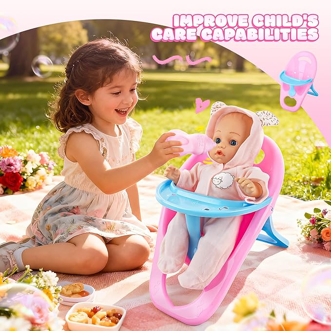 SMILESSKIDDO Baby Doll Stroller Toy Set - 12 Inch Soft Body Dolls with Accessories Dining Chair, Doll Clothes, Feeding Set for Realistic Pretent Play, Babydoll Care Gift for Toddler Girls 2+ Year Old
