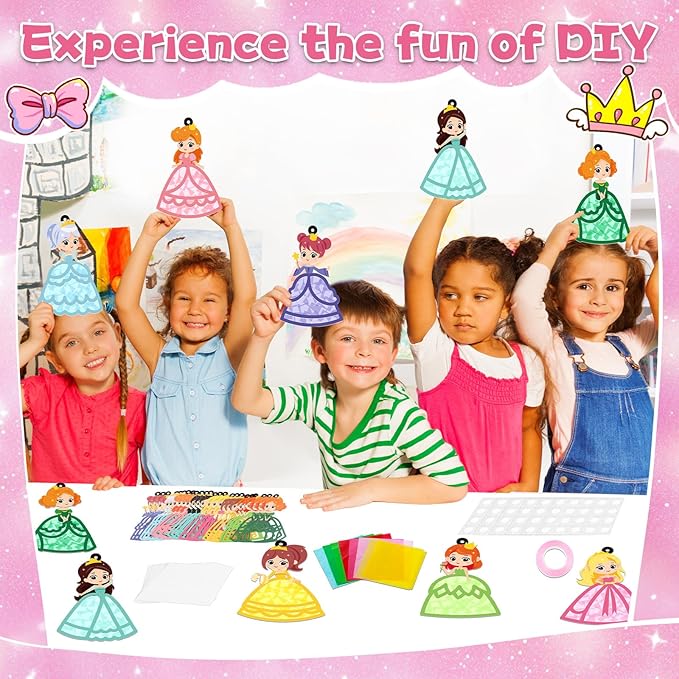 QOUBAI 32 Sets Princess Suncatchers Craft Kit DIY Window Stained Glass Effect Princess Paper Crafts Home School Classroom Decoration Kid Birthday Gift Creative Art Project Activity Game