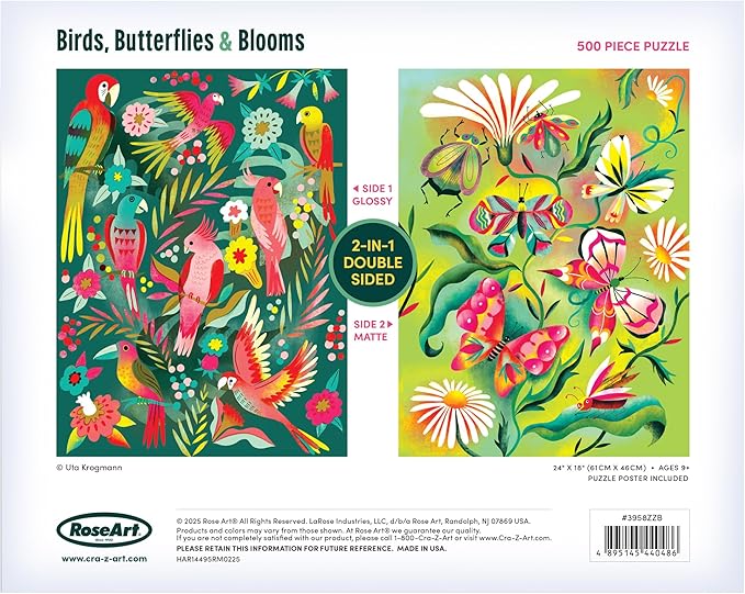 RoseArt - Birds, Butterflies & Blooms 500 Piece Double-Sided Jigsaw Puzzle – Matte & Glossy Sides– Nature Puzzle for Adults – 2-in-1 Puzzle with Poster