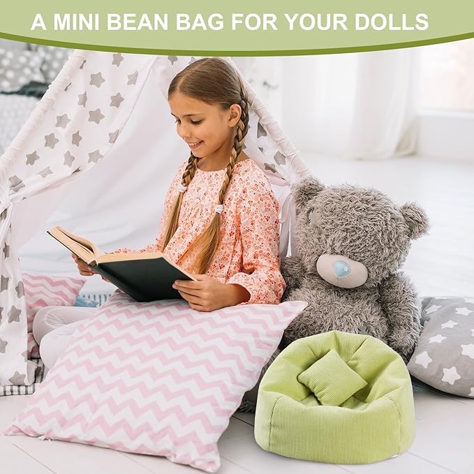 Doll Car Seat Compatible with Labubu, Handmade Bean Bag Chair for 5.9-6.7 inch Doll, Anti-Slip Bottom, Cute Doll Accessories for Display, Fans&Collectors Gifts, Durable Corduroy Fabric (Light Green)