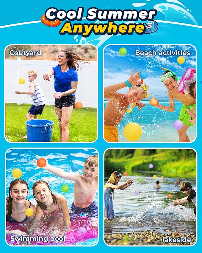12PCS Reusable Water Balloons - Quick Fill Water Balls Toys For Toddler Age 4-8 - Refillable Self-Sealing Water Splash Bomb For Summer Party Pool Outdoor Beach Toys for kids Age 8-12