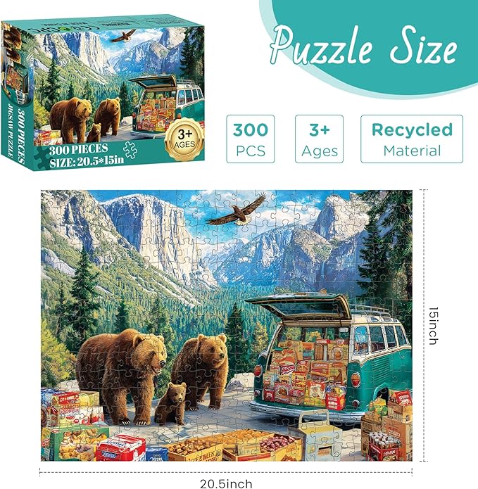 300 Pieces Puzzle for Adults, Wild Bear Family Puzzles for Adults 300 Pieces, Mountain and Forest Scenery Jigsaw Puzzles 300 Piece, Family Challenging Puzzle Game Great Gift Idea 20.5 * 15 in