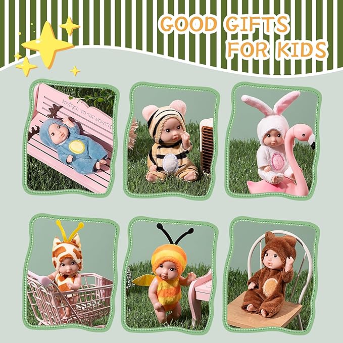 Vueos 6PCS 4inch Mini Dolls Set - Baby Doll with 6 Animal Outfits & Accessories, Reborn Baby Dolls for Kids Role Play, Perfect Birthday for Children Ages 3+