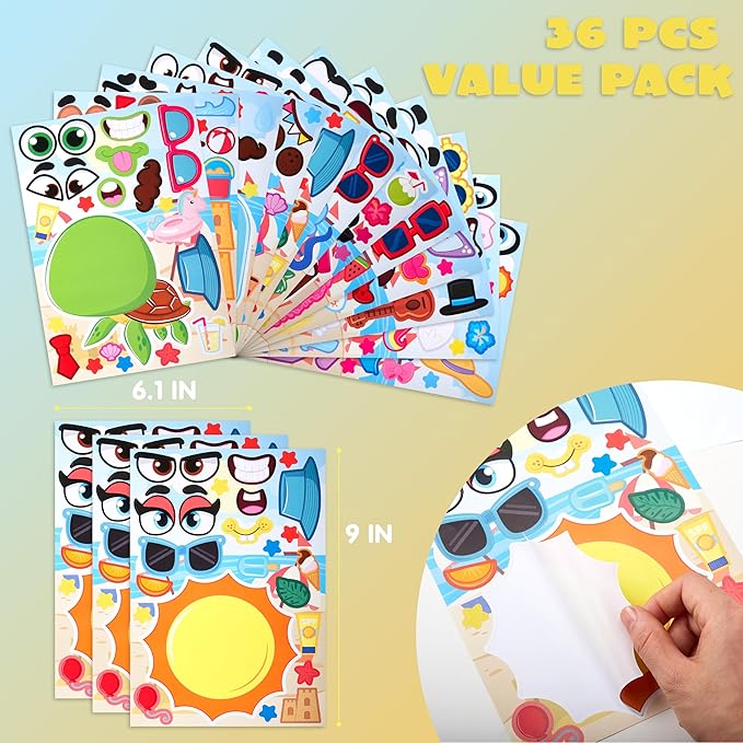 JOYIN 36 Pcs 9"x6" Summer Make a face Stickers for Kids, Make Your Own Hawaii Pool Beach Sticker Sheets, Luau Craft Party Decor, Summer Holiday Party Favors Kids Crafts, Goodie Bags Stuffers