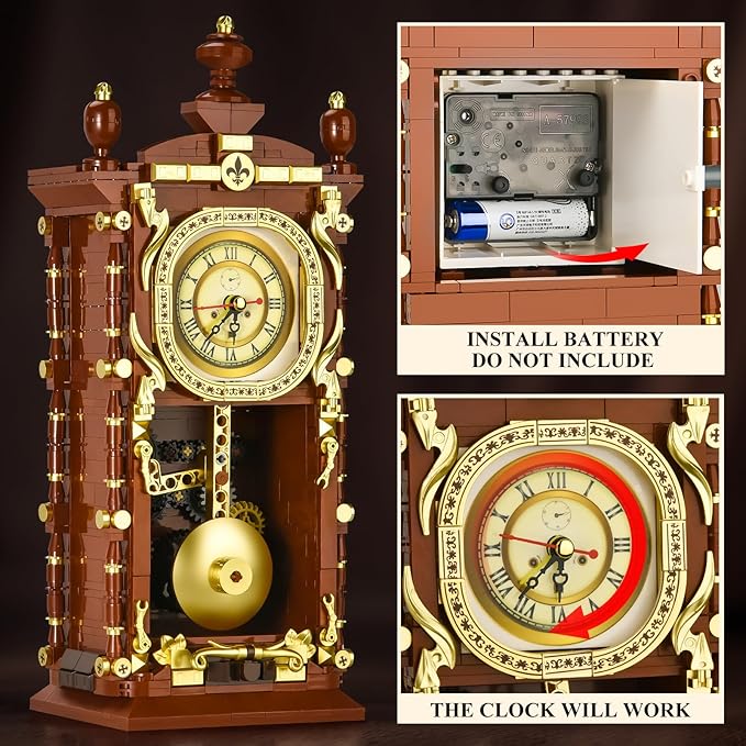 Retro Clock Building Set for Adults,Vintage Pendulum Clock Model with Rotating Gears,Home Decor Mechanical Building Blocks Toys, Gift for Boys and Girls 8+ (751 Pieces)