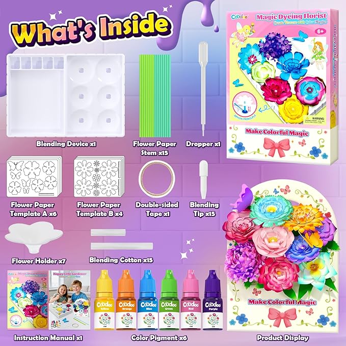 Coodoo DIY Flower Craft Kits, Magic Dyeing Florist Bouquet Maker Art Supplies Arts and Crafts for Kids Ages 4-6 4-8 8-12, STEM Montessori Toddler Kids Toys Birthday Easter Gifts for Girls Boys