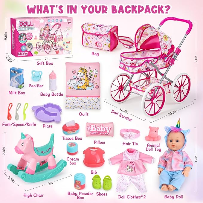 Golray 12 in Baby Doll Toys Set with Stroller for 3 4 5 6 Year Old Girl - 26pcs Babydoll with Accessories Rocking Horse/2 Clothes, Feeding Nursing Pretend Play Toddler Girl Toy Gift 3-5-7
