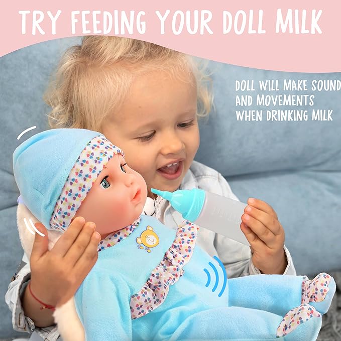 Toy Choi's Interactive Baby Doll - 16 Inch Crying Talking Feeding Dolls with Different Sounds and Accessories, Pretend Play Preschool Toys for 2 3 4 5+ Year Old Girls Boys Gift, Blue