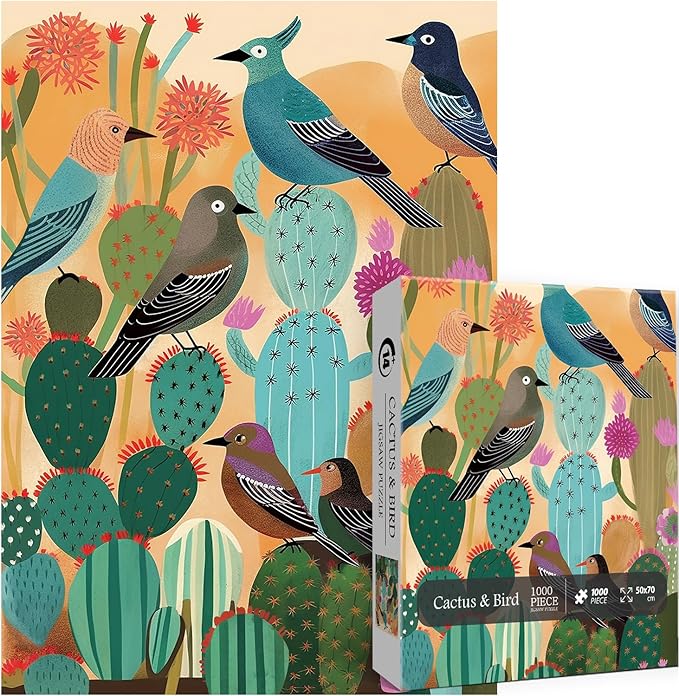 Desert Bird Puzzles for Adults 1000 Pieces, Cactus Flower Succulent Plant Puzzles, Birds Themed Jigsaw Puzzles Nature Botanical