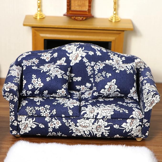 Dollhouse Couch Miniature Sofa with Pillows Dollhouse Living Room Funiture 1:12 Scale Model 3 Pcs High Simulation Upholstered Wooden Fabric Armchair Mini Room Artificial House Scene Decoration (Blue)