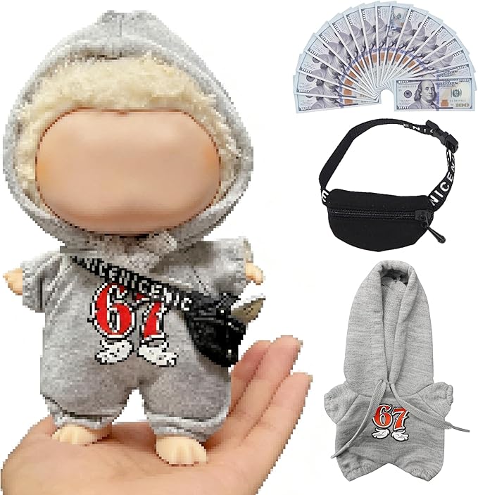 Street Style for LABUBU Clothes or LABUBU Outfits, 6-7 Graphic Hooded Romper with Fanny Pack,Streetwear Clothes for Collectible Dolls,Street Style Hoodie Outfit