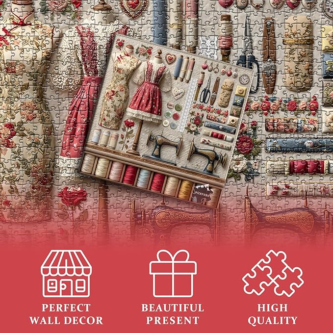 Vintage Sewing Machine Puzzles for Adults 1000 Pieces, PICKFORU Floral Puzzle with Buttons Plant Embroidery Dress, Aesthetic Art Quilt Challenge Jigsaw Puzzle Collage