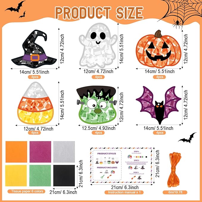 Feifeiya 24 Set Halloween Suncatcher Crafts with Tissue Paper DIY Stained Glass Effect Sun Catcher Kit Make Your Own Halloween Crafts Hanging Ornaments for Window Activity Creative Projects