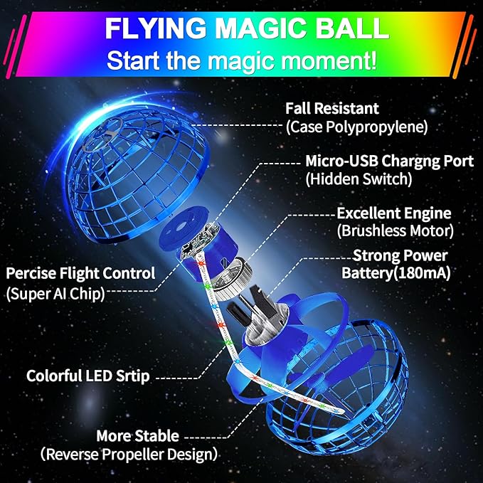 Flying Orb Ball Toy,2026 Upgraded Parachute with LED Light,Magic Hand Controlled Gravity Ball,Cosmic Globe Boomerang,Cool Christmas Birthday Gift for 6 7 8 9 10+ Year Old Boys Girls Teens-Navy