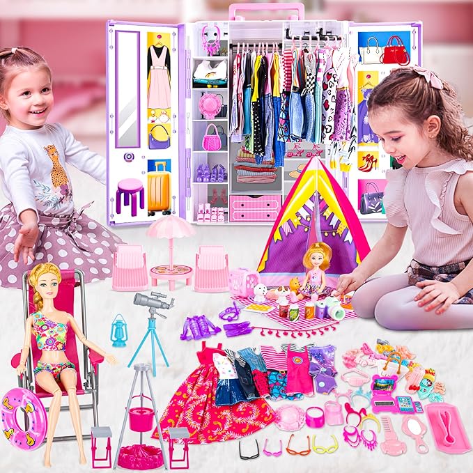 160+ Pcs Doll Closet with 11.5 Inch Doll Clothes and Accessories Set, Camping Set, Princess Dresses, Camping Tent, Beach Swim Accessories Set, Diving Suit, Dress Up Toys for Girls Gift