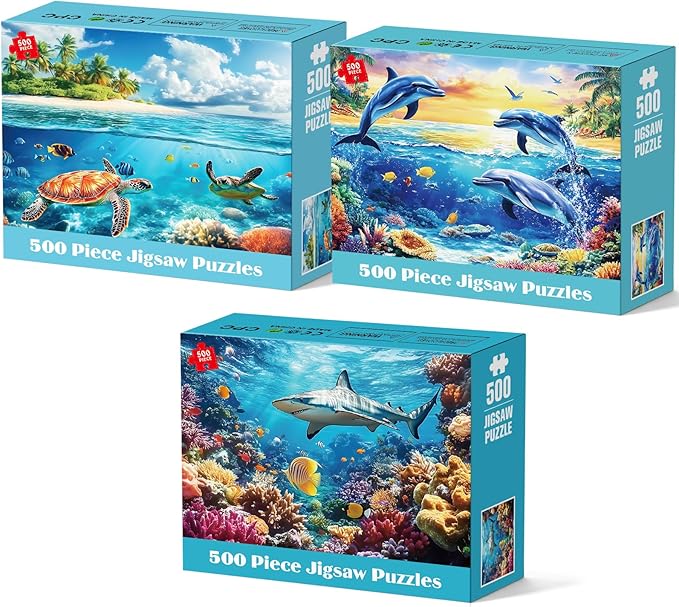 3 Pack Puzzles for Adults 500 Pieces, Sea Turtle Dolphins Sharks Puzzle 500 Piece, Challenging Ocean Jigsaw Puzzles with Letter on Back Poster, Gifts for Adults, Birthday & Game Night 20.5" x 15"