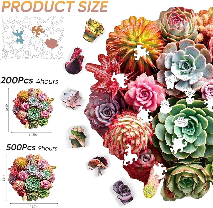 Reouinty Wooden Puzzles for Adults 500 Pieces, Colorful Succulent Jigsaw Puzzle for Mom Grils, Challenging Wood Puzzle, Beautiful Wall Decor, Unique Animal Shaped Puzzles for Family Game 16.7x16.3 in