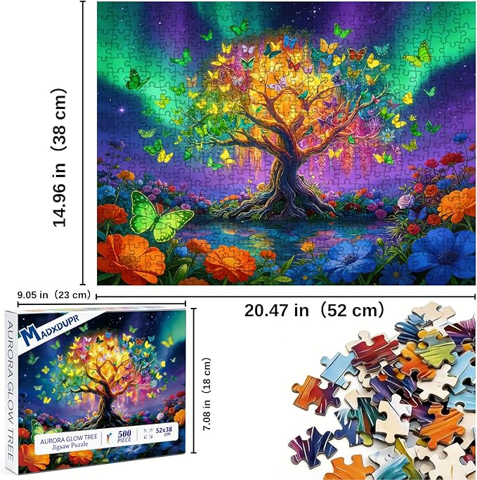Tree of Life Puzzles for Adults 500 Pieces, Colorful Butterfly Aurora Tree Jigsaw Puzzle with Letters on Back, 21x15 Inch for Family Game Night, Puzzle Gift for Puzzle Lovers
