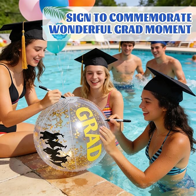 Forwe Graduation Inflatable Beach Balls, 16 Inc Confetti Glitter Beach Pool Ball Blow up Balloon Toys for Class of 2026 Swimming Pool Graduation Party Decorations