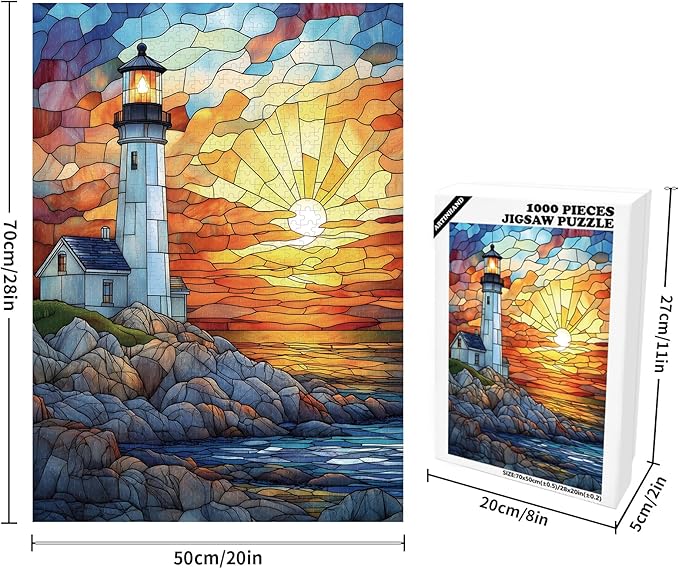 Great Jigsaw Puzzles for Adults 1000 Pieces Stained Glass Lighthouse Wooden Challenging Puzzles Gift for Friends Family Home Decoration Puzzle