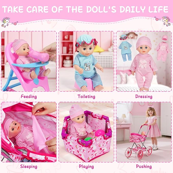 DRAMATION Unicorn Baby Doll Stroller Set with 11'' Baby Doll, Foldable Doll Stroller, Playpen, Dining Chair and 24 PCS Baby Doll Accessories, Doll Playset Toy for Girls Toddlers 3-5 4-6 Birthday Gifts